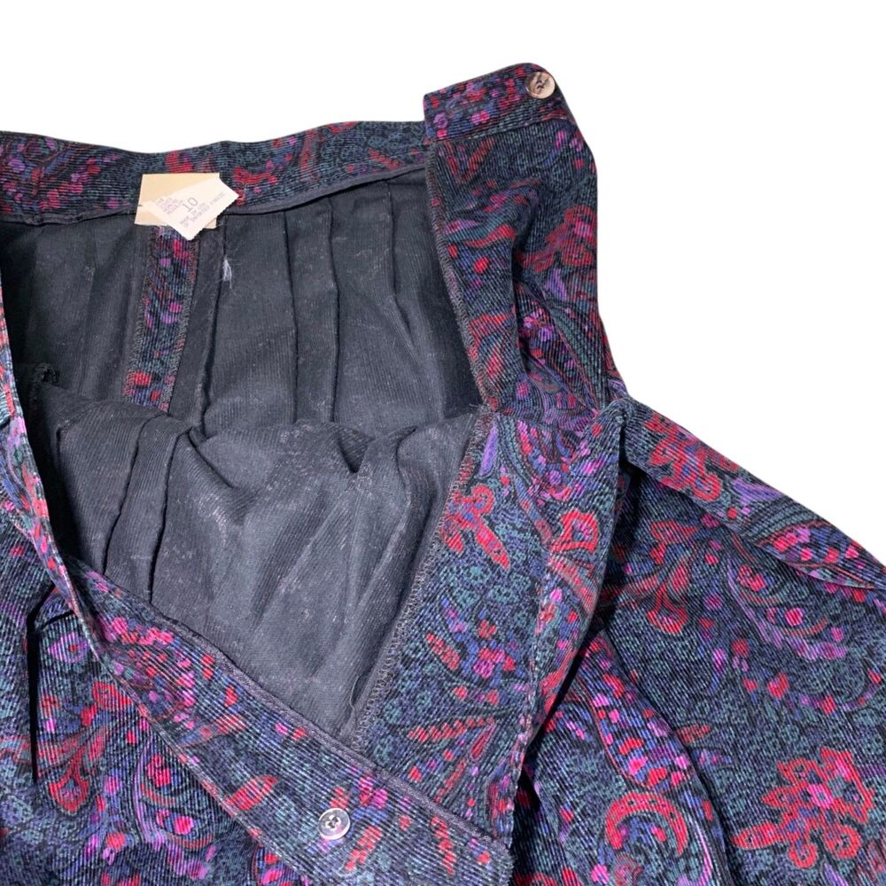 LL Bean Womens Vintage 90s Corduroy Paisley Midi Skirt 10 Cottagecore Pleated - Picture 3 of 8